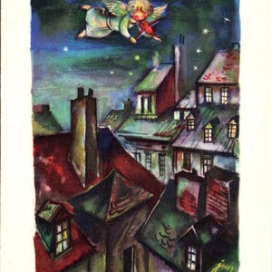 Vintage Polish Christmas Postcard Angel Playing Violin by J M Szancer Antique Holiday Greeting Collectible