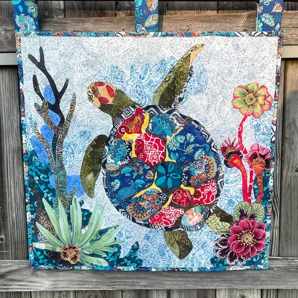 BOHO sea turtle, quilted collage wall hanging, colorful, 28x30 inches, collage quilt wall hanging, ocean scene wall hanging