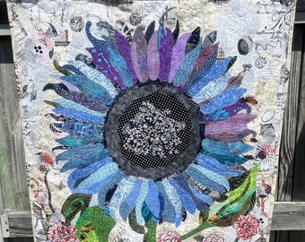 Handmade, blue and purple sunflower, butterflies, quilted, cotton wall hanging, appliqué collage quilt, 38" L x 31.5" W. Shabby Chic, Boho