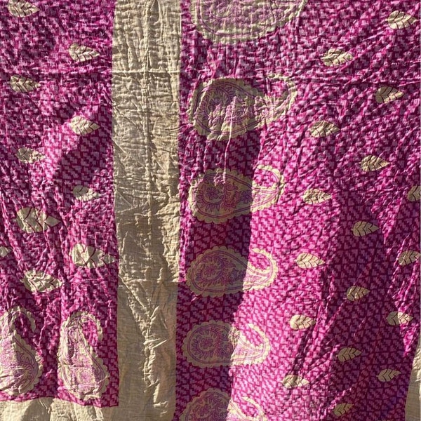 Reversible Kantha Quilt, vintage, sari, with finished edges. ~88"x60"