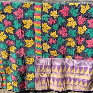Reversible Kantha Quilt, vintage, sari, with finished edges. ~88&quot;x60&quot;