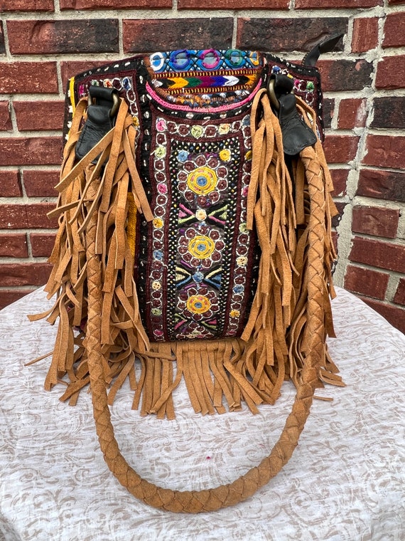 BOHO purse shoulder bag, with tassels, handmade e… - image 1