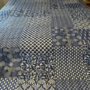 Twin size, indigo blue hand block Kantha quilt, 90x60 inches. BOHO bedding, hand stitched Kantha