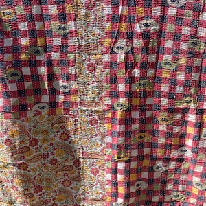 Reversible Kantha Quilt, vintage, sari, with finished edges. ~88&quot;x60&quot;