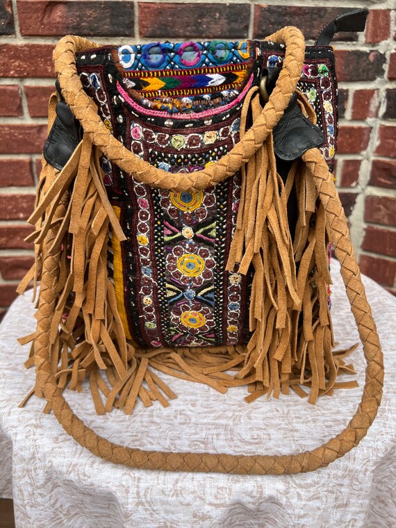 BOHO purse shoulder bag, with tassels, handmade e… - image 5