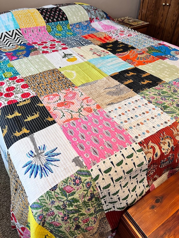 Handmade, Reversible, Patchwork Quilt, Colorful, Size King/queen 112 X 92  With Cotton Batting 