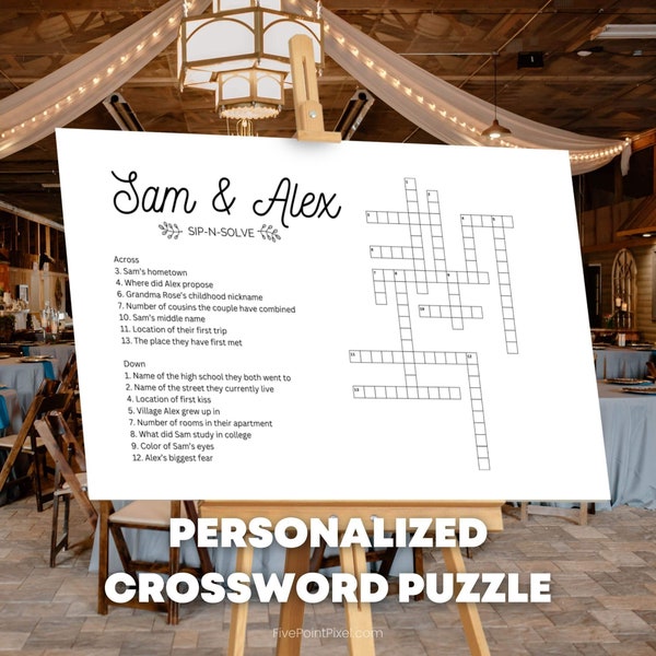 Custom and Personalized Crossword Puzzle for wedding receptions, bridal showers, anniversary parties, and cocktail hour. Sip and Solve