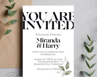 Minimalistische Hochzeitseinladungsvorlage, druckbare Einladung, vollständig bearbeitbar, grünes Detail
