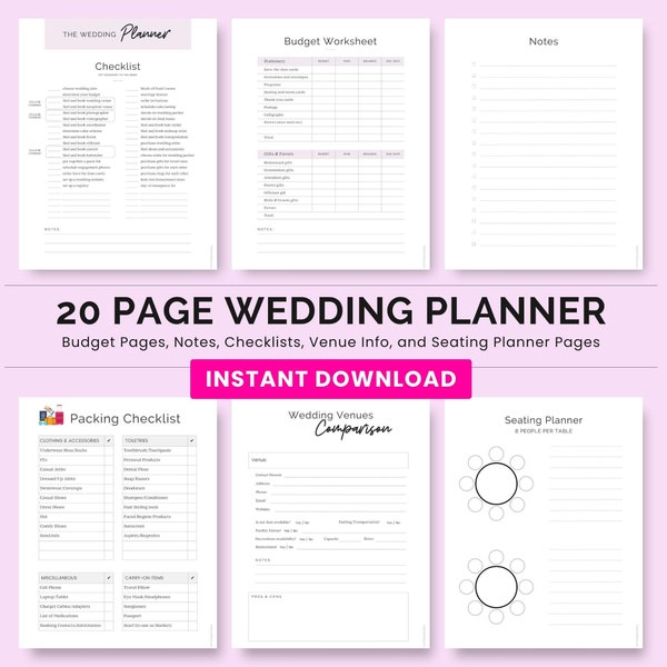 Easy Wedding Planner, Printable Wedding Planner Pages, Seating Chart Planning PDF, A4 and US Letter, Use in Goodnotes or Print