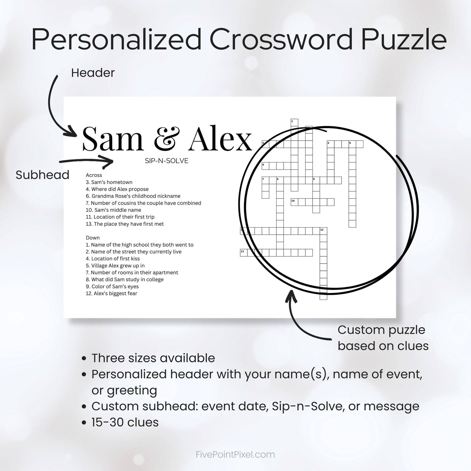 Custom Wedding Crossword Puzzle, Personalized Game for Receptions, Bridal Showers, Anniversary