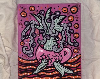 Pintura de parede original feita à mão em formato de xícara de chá em formato de árvore, 20 x 15 cm