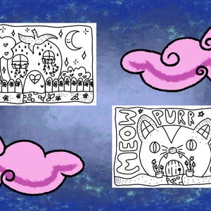 Pode incluir: Ilustra&ccedil;&otilde;es em preto e branco sobre fundo azul. Uma apresenta uma casa com porta em forma de cora&ccedil;&atilde;o, &aacute;rvores e lua crescente. Outra mostra um rosto de gato com as palavras "MEOW PURR KISS". Nuvens rosa emolduram as imagens.