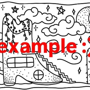 Pode incluir: Ilustra&ccedil;&atilde;o em preto e branco com uma casa em forma de bota extravagante com uma escada, um cacto, nuvens, estrelas e uma lua crescente. A palavra "example" est&aacute; escrita em vermelho.