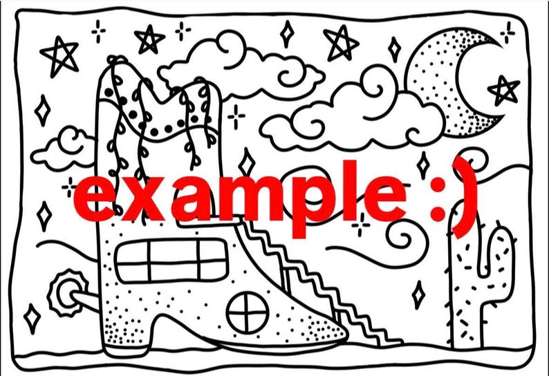 Pode incluir: Ilustra&ccedil;&atilde;o em preto e branco com uma casa em forma de bota extravagante com uma escada, um cacto, nuvens, estrelas e uma lua crescente. A palavra "example" est&aacute; escrita em vermelho.