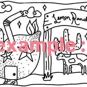Pode incluir: Ilustra&ccedil;&atilde;o a preto e branco com uma cena extravagante de Lemon Ranch. A obra de arte inclui cactos, uma vaca, um edif&iacute;cio e o texto "Lemon Ranch". O estilo lembra uma p&aacute;gina de livro para colorir.
