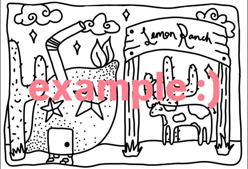 Pode incluir: Ilustra&ccedil;&atilde;o a preto e branco com uma cena extravagante de Lemon Ranch. A obra de arte inclui cactos, uma vaca, um edif&iacute;cio e o texto "Lemon Ranch". O estilo lembra uma p&aacute;gina de livro para colorir.