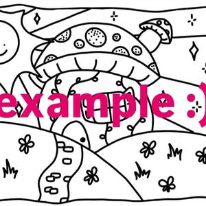 Pode incluir: Ilustra&ccedil;&atilde;o em preto e branco de uma casa de cogumelos caprichosa com um sol sorridente, flores e um caminho sinuoso. A palavra "example" est&aacute; escrita em rosa na imagem.