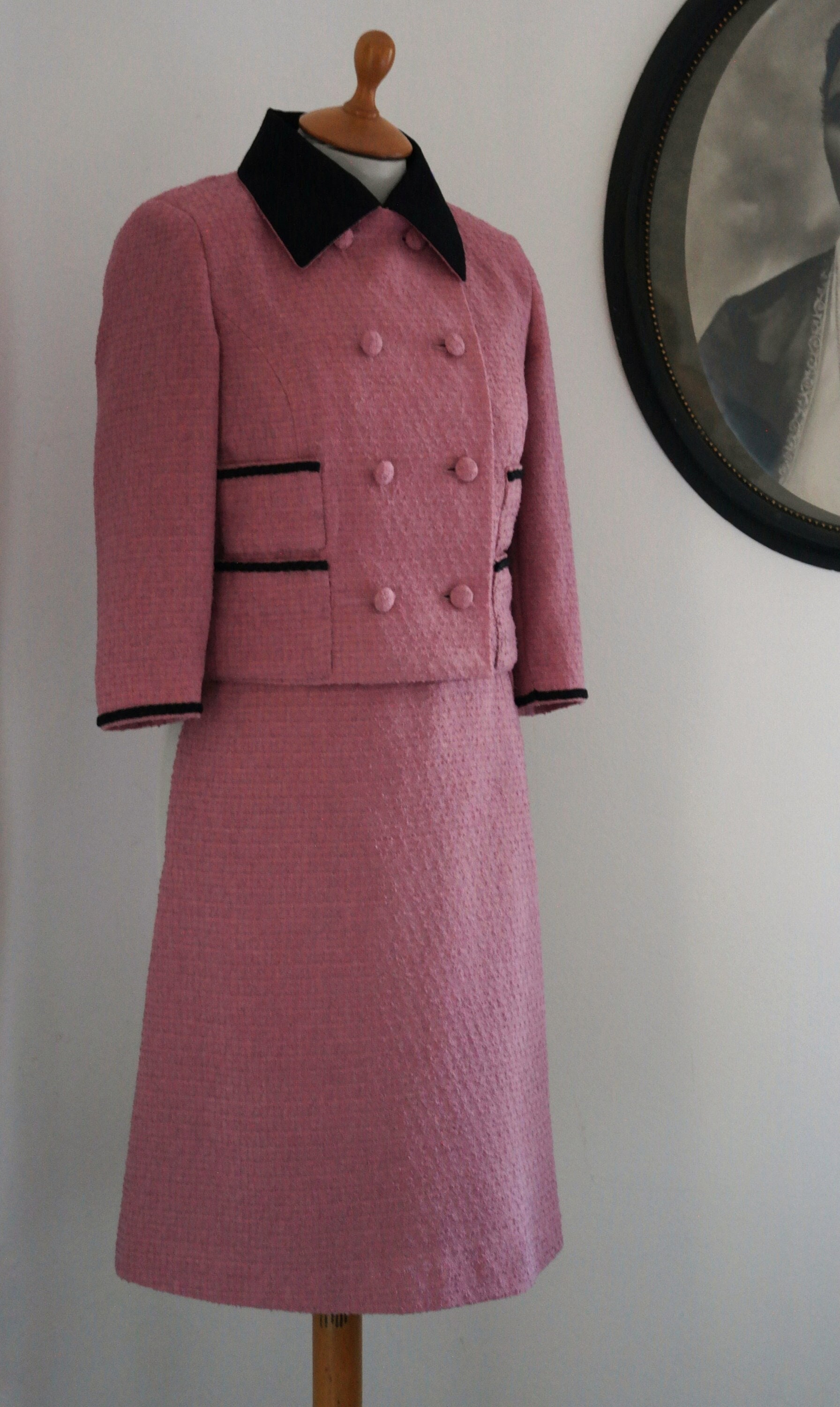 60s Inspired Couture Chic Pink / White Tweed Set Wool Tweed 