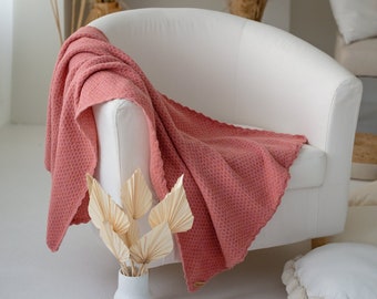 Handmade Knitted Wool Blanket: Salmon Pink Sofa Throw (80x140cm)