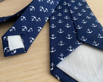 Anchor Print Navy Necktie, Slim or Regular - Cotton Wedding Tie