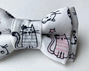 White Cats Bow Tie: Cotton Animal Print, Men's & Boys' Sizes