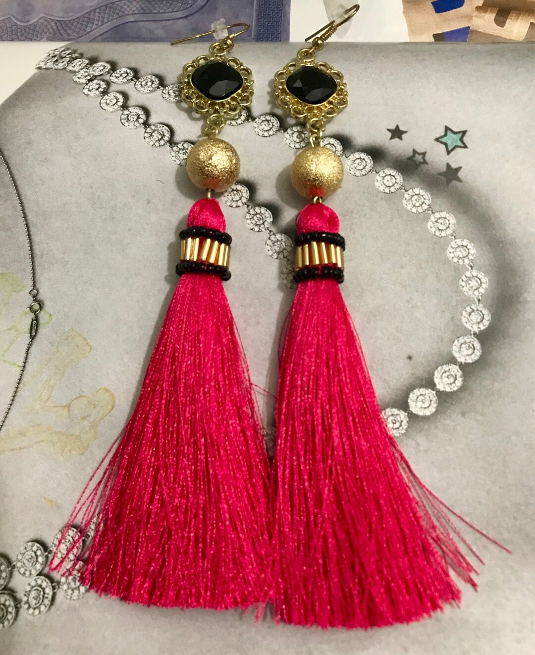 Valentines Gift,tassel Earring,pink Tassel Earring,gold Black and Hot