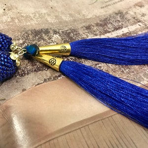 Blue beaded silk tassel earring, navy blue tassel earring, statement earrings, elegant silk tassel earring, gift for her,
