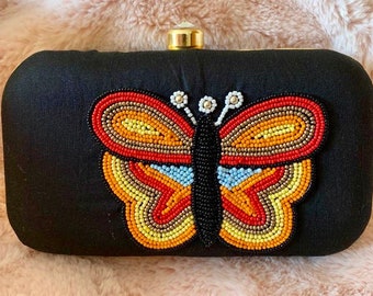 Schwarz gestickte Kupplung, Perlen Schmetterlingskupplung, Partei-Handtasche