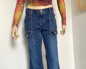 Early 2000s cargo denim jeans medium wash flared mid-rise