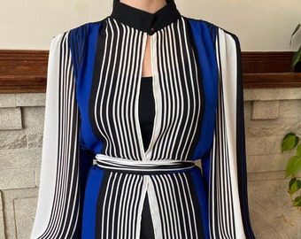 Bishop sleeve striped long chiffon blouse with scarf belt