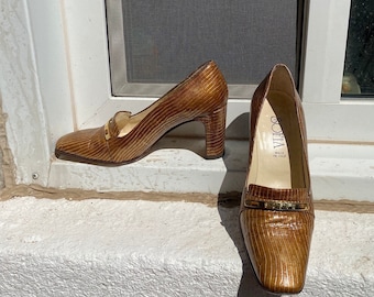 Metallic bronze snakeskin patent heeled loafer size 35