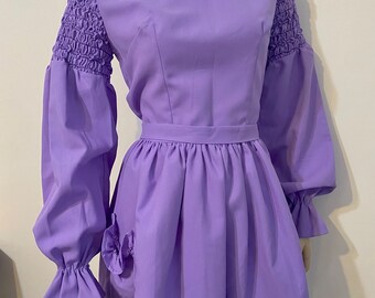 Vintage 70s lavender purple mini dress with bishop sleeves, neckband and tie