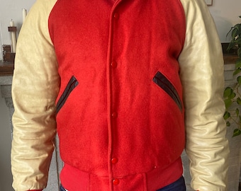 Vintage red varsity jacket with beige leather sleeves