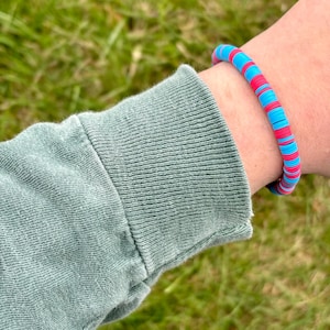 Pink and Blue Clay Bead Bracelet – Handmade Stretch Bracelet – Everyday Stackable Bracelet – Sizes 6&quot; to 8&quot;