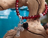 Day of the Dead Art, Halloween Bracelet, Sugar Skull Jewelry, Unique, BOHO Vintage, Frida Inspired, Black, Red, Natural Stone, Gothic
