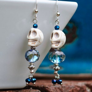 Dia De Los Muertos, Czech Beads, Day of the Dead, Steampunk Blue, Howlite Skull, Sterling Silver Earrings, Unique Wedding Gift, Sugar Skull