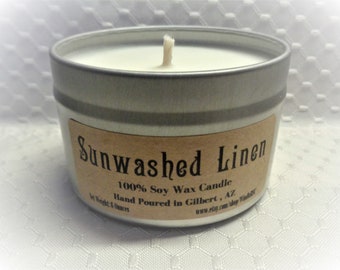 Sunwashed Linen scented soy candle in 6oz & 8oz tins - candle tin - aromatherapy candles - soy wax -hand poured candles
