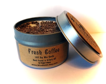 Fresh Coffee scented soy candle available in 6oz and 8 oz tins - aromatherapy candles - natural wax - hand poured candles