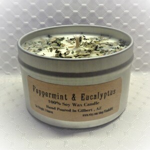 Peppermint & Eucalyptus scented soy candle available in 6oz and 8 oz tins - aromatherapy candle - natural wax - hand poured