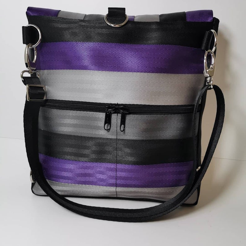 Upcycled seatbelt backpackcrossbody travel bag made from reclaimed seatbelt Recycled ladies bag purple backpack with pockets and zippers