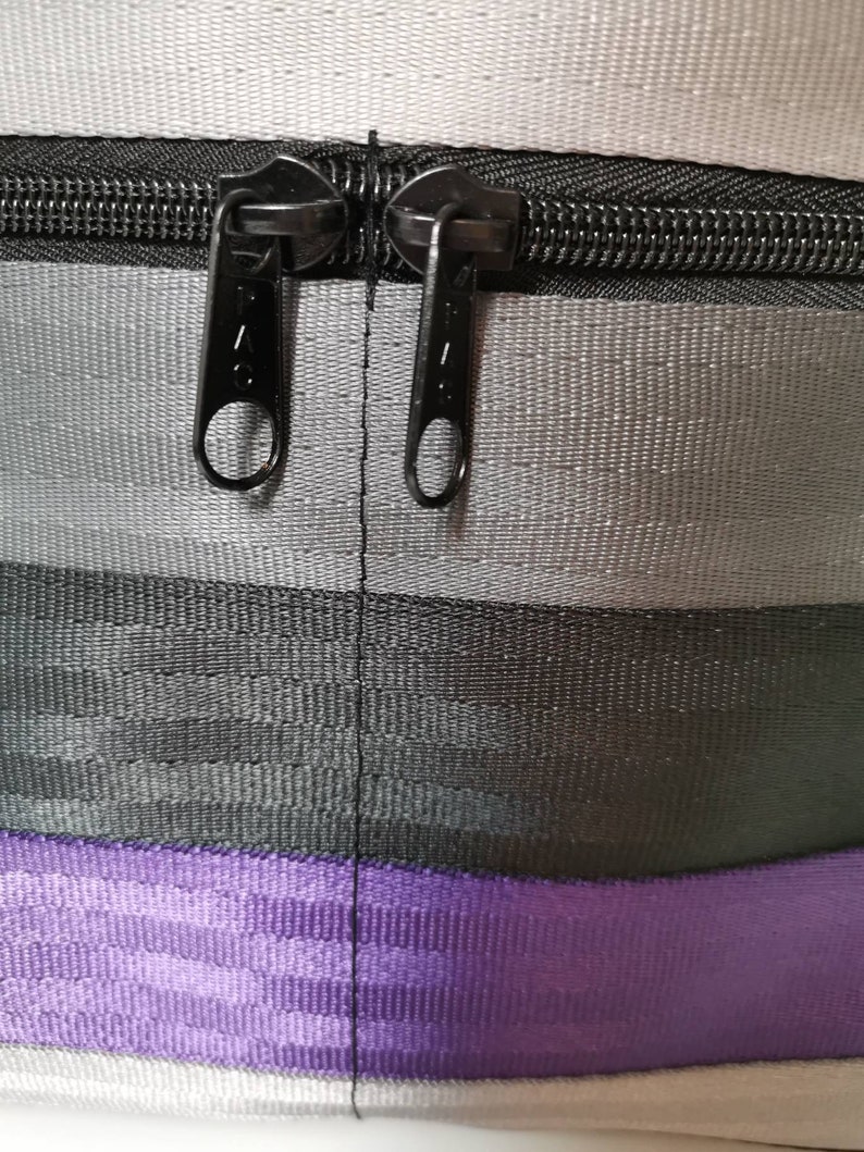 Upcycled seatbelt backpackcrossbody travel bag made from reclaimed seatbelt Recycled ladies bag purple backpack with pockets and zippers