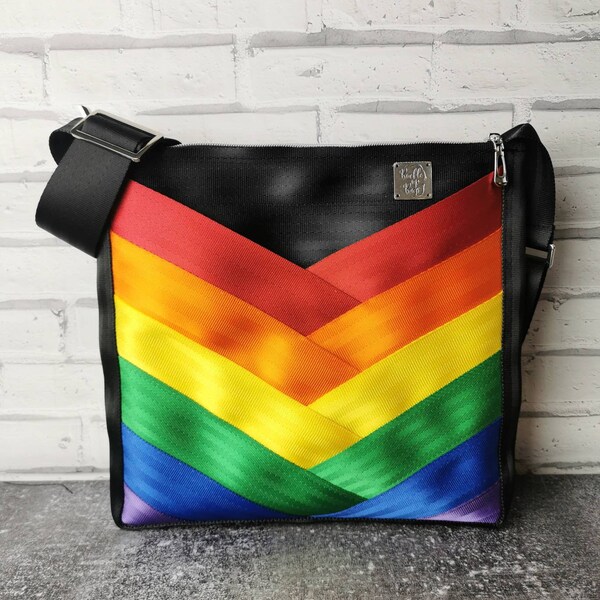 seatbelt bag, rainbow crossbody bag, LGBTQIA pride bag, ladies handbag, eco friendly bag, gay pride birthday gift, best friend birthday gift