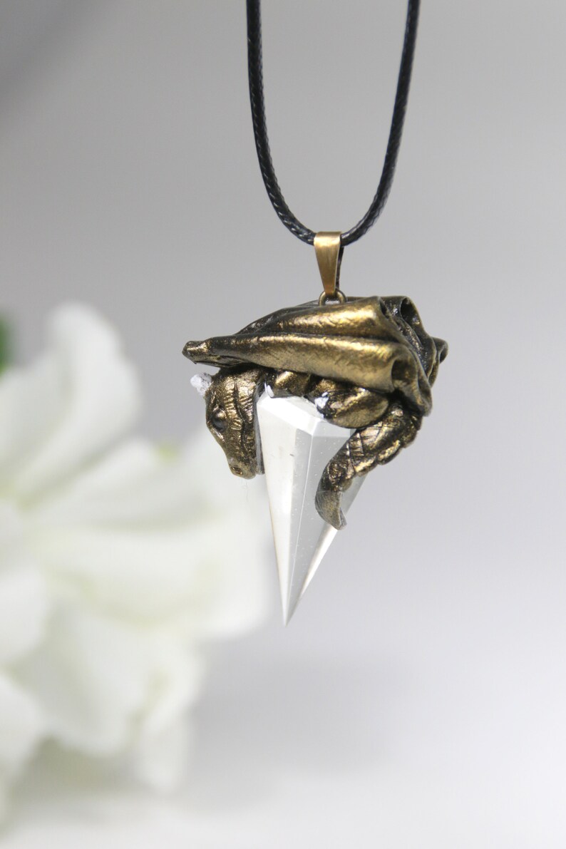 Golden dragon crystal necklace gold baby dragon pendant faux quartz dragon figurine