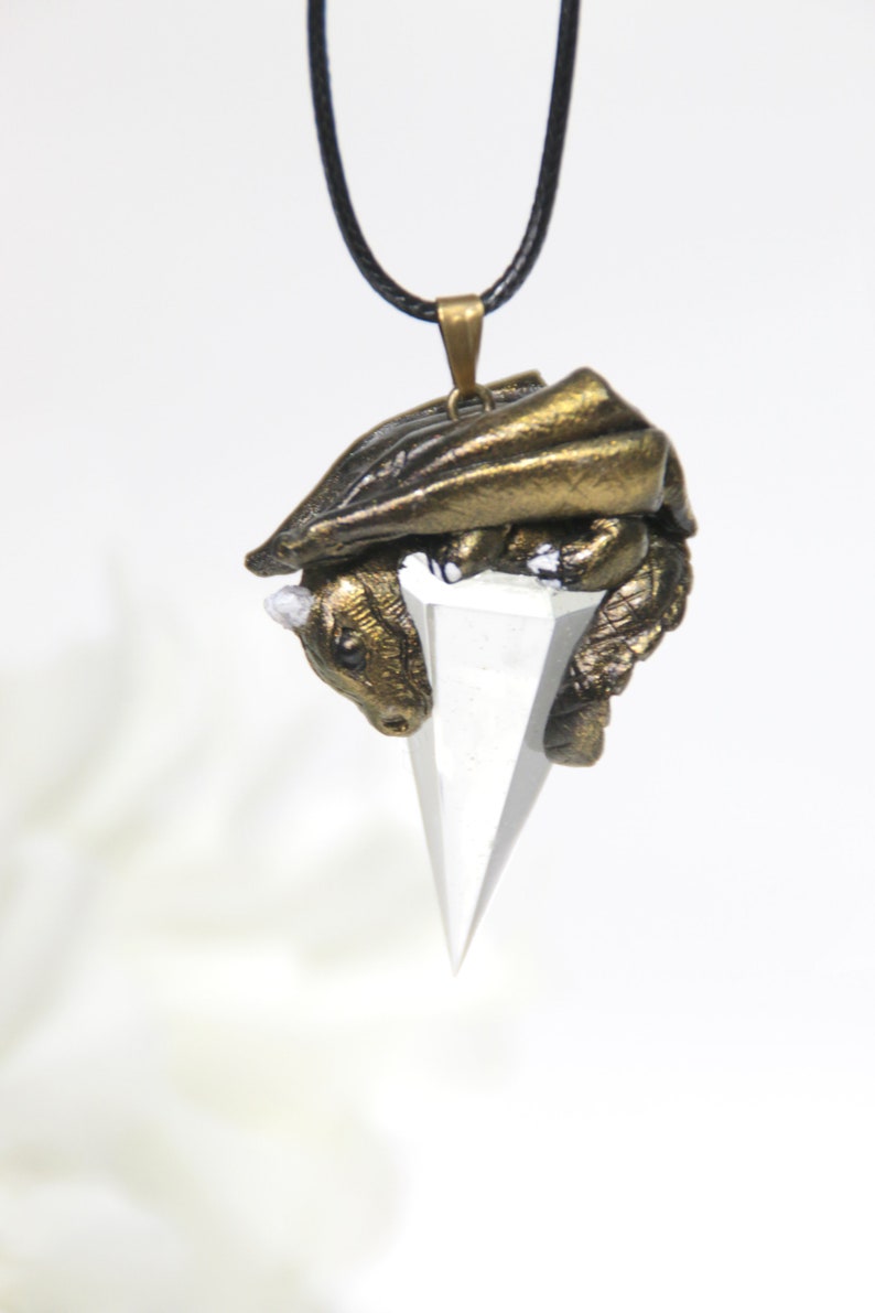 Golden dragon crystal necklace gold baby dragon pendant faux quartz dragon figurine