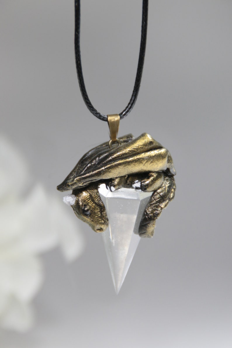 Golden dragon crystal necklace gold baby dragon pendant faux quartz dragon figurine