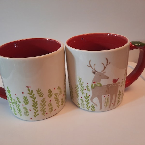 Set of 2 Christmas Reindeer and Cardinal mugs