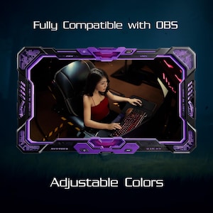 May include: A purple and black digital overlay with the text "Fully Compatible with OBS" and "Adjustable Colors". The overlay frames a person using a computer with a red keyboard and mouse.
