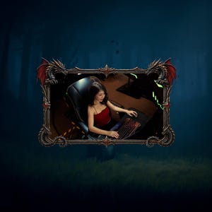 May include: A woman in a red top sits in a black gaming chair, using a keyboard and mouse. The image is framed by a decorative border with dragon accents. The background is a dark, stylized forest scene.
