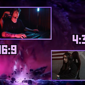 Könnte beinhalten: Bild mit zwei Videospiel-Streamern in separaten Fenstern, vor einem lila und schwarzen Hintergrund. Das obere Fenster zeigt eine Person mit Headset und Tastatur, während das untere Fenster eine andere Person mit Headset zeigt. Die Seitenverhältnisse 16:9 und 4:3 werden angezeigt.