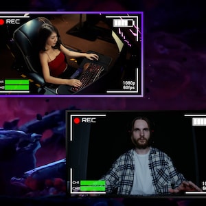 May include: Two people are recording videos in a dark room with a purple and blue background. The video screens show the text "REC" and "1080p 60fps".